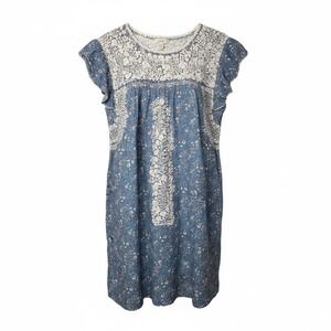 Margarita Mercantile Sara Floral Ruffle Sleeve Dress Blue Embroidered‎ Size S/M